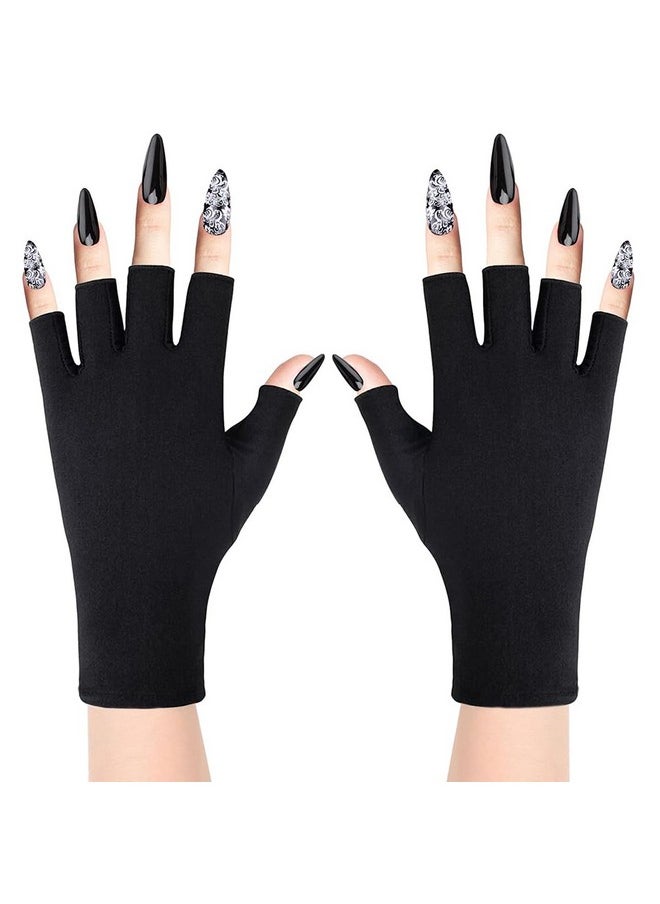 MAYCREATE Nylon Anti Uv Gloves For Gel Nail Lamp,Professional Upf50+ Uv Protection Gloves For Women Manicures,Nail Art Skin Care-Stretchy&Fingerless,Protect Hands From Uv Harm (Black),Pack of 2
