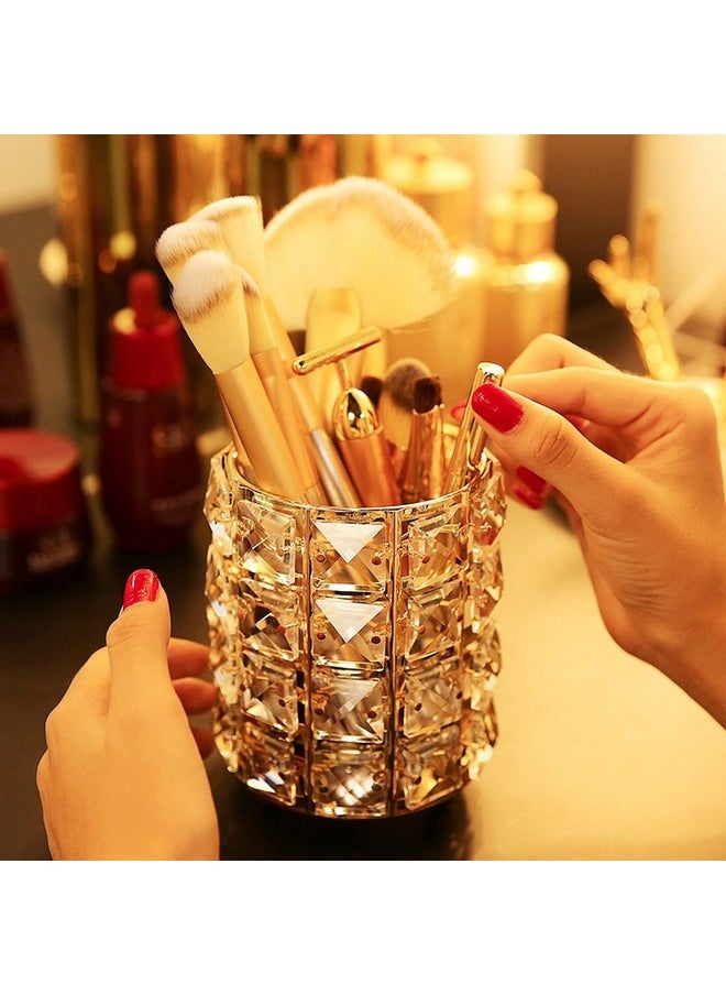wolpin 1 Pc Crystal Cosmetic Makeup Brush Storage Holder Organiser Lipstick Pen Storage Box Embellished Stand for Dressing Table (10 x 10 x 12 cm, Gold)