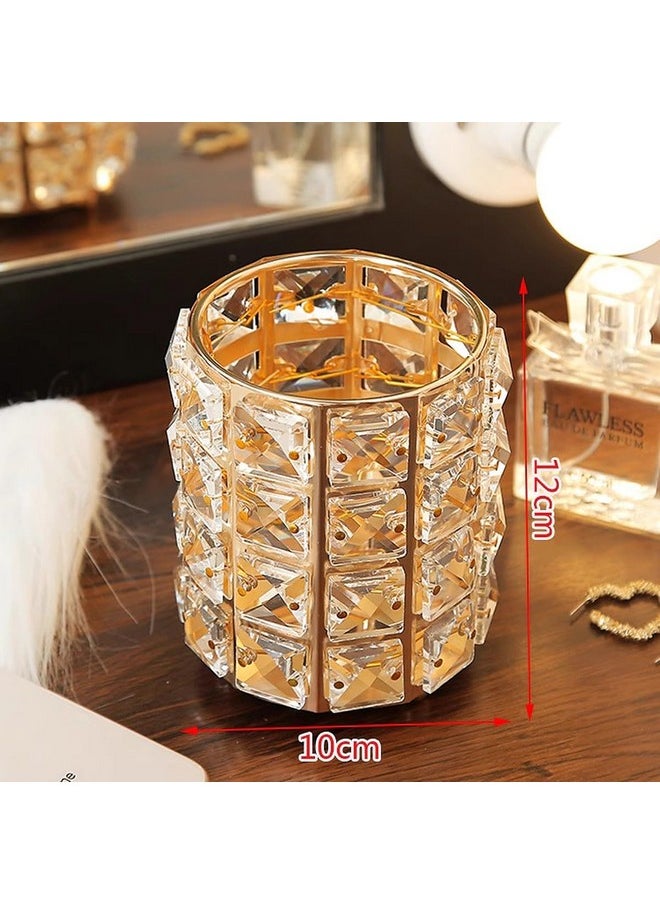 wolpin 1 Pc Crystal Cosmetic Makeup Brush Storage Holder Organiser Lipstick Pen Storage Box Embellished Stand for Dressing Table (10 x 10 x 12 cm, Gold)