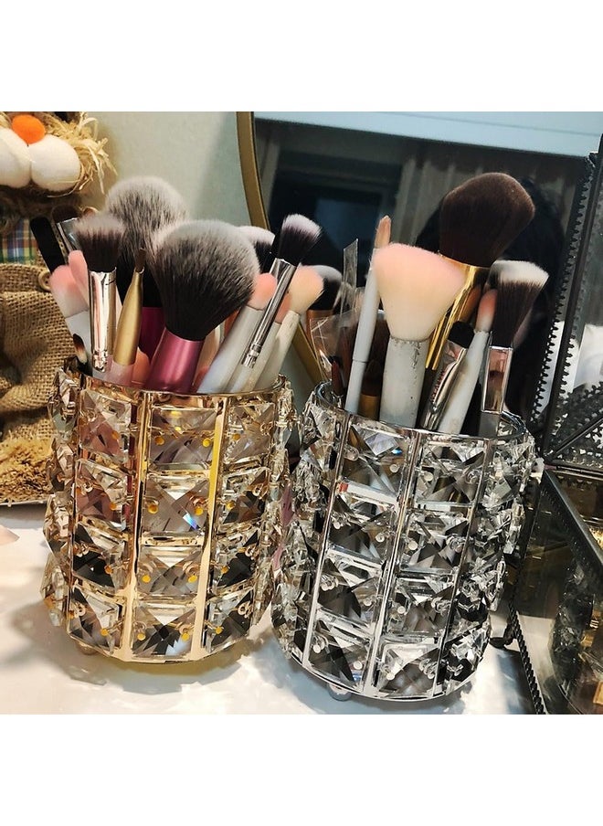 wolpin 1 Pc Crystal Cosmetic Makeup Brush Storage Holder Organiser Lipstick Pen Storage Box Embellished Stand for Dressing Table (10 x 10 x 12 cm, Gold)