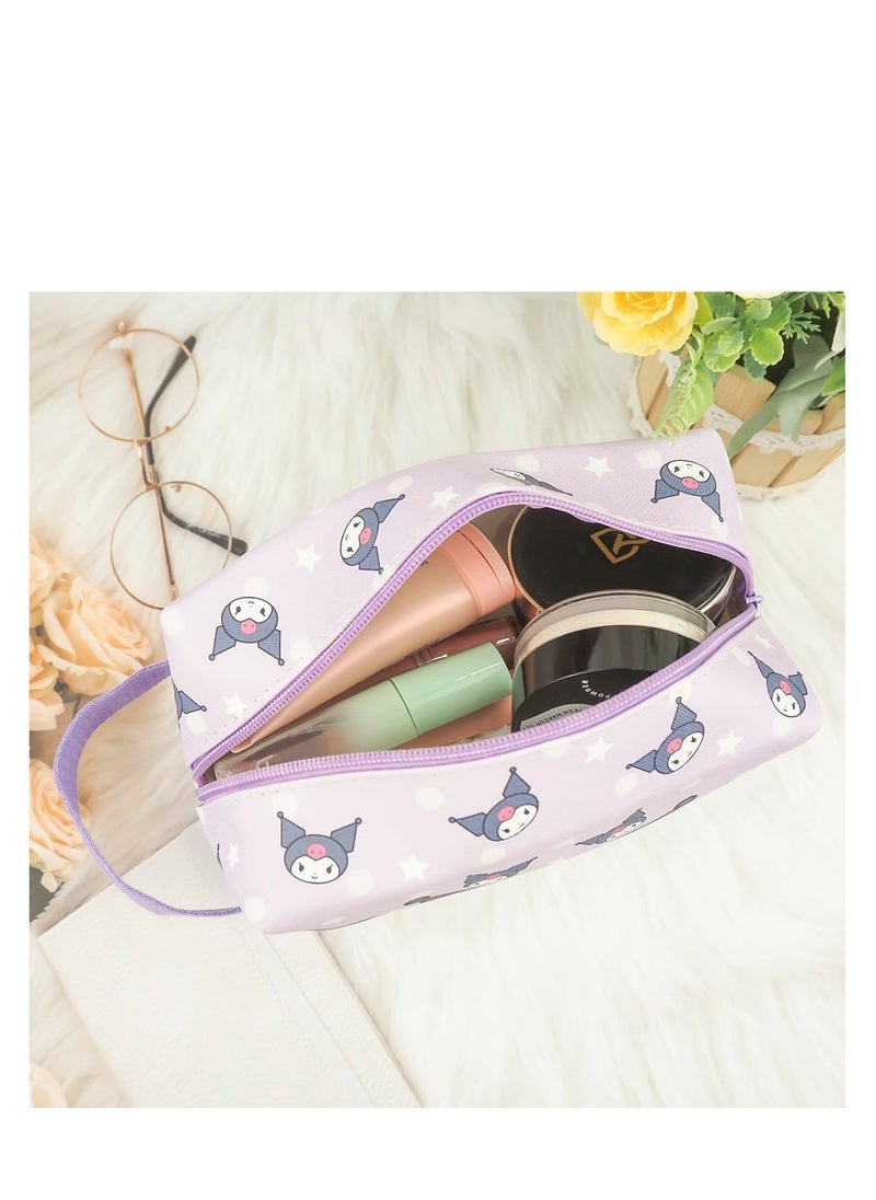 Cute Kuromi Makeup Bag Portable, Cartoon Large Capacity PU Leather Travel Small Toiletry Bag Cosmetic Pouch with Zipper, Kawaii Waterproof Makeup Case Organizer for Girls Women