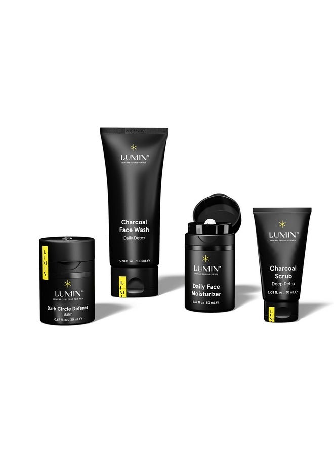Lumin - Class Act Bundle - Men's Skincare Kit, Includes: Charcoal Face Wash Daily Detox, Charcoal Scrub Deep Detox, Daily Face Moisturizer & Dark Circle Defense Balm, Suitable For All Skin Types