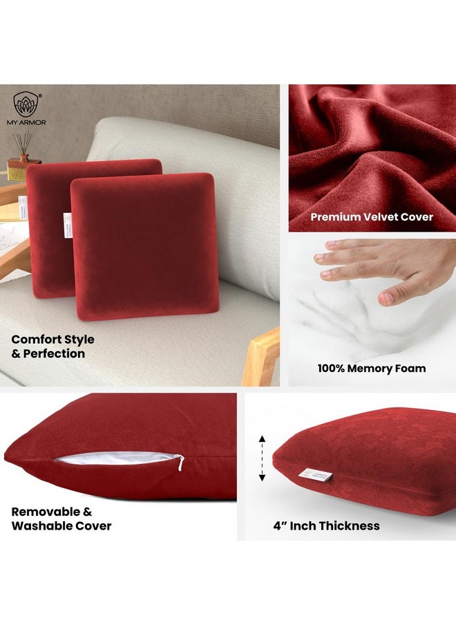 MY ARMOR Memory Foam Square Cushion for Car, Sofa/Diwan, Bed, Chair & Decoration | Highly Durable, Hypoallergenic | Velvet Cover | Maroon, Pack of 2 [14