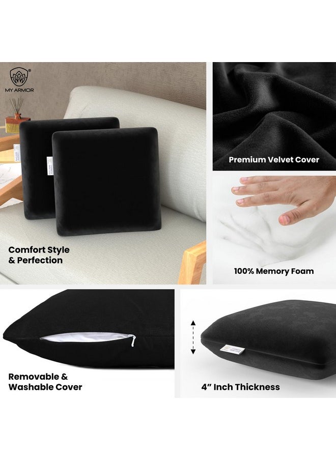 MY ARMOR Memory Foam Square Cushion for Car, Sofa/Diwan, Bed, Chair & Decoration | Highly Durable, Hypoallergenic | Velvet Cover | Black, Pack of 2 [14