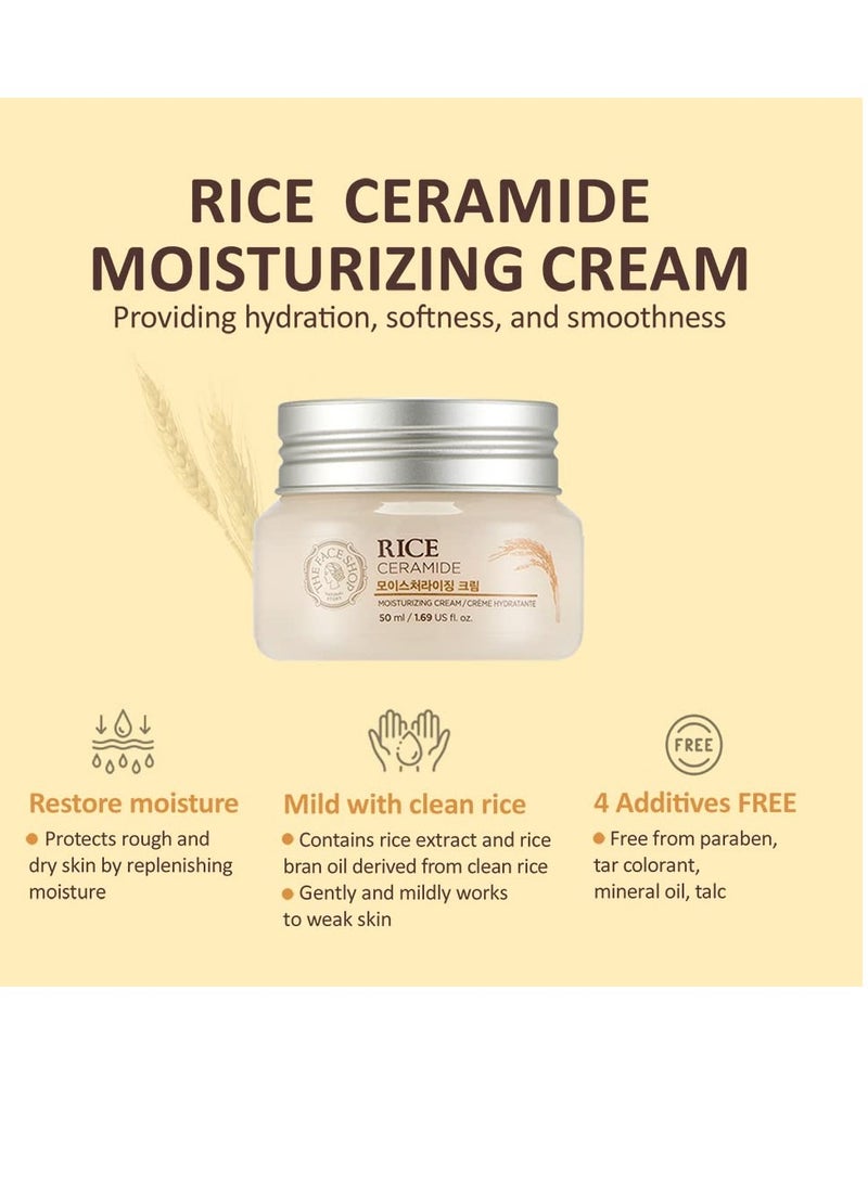 Rice Ceramide Moisturizing Cream - Rice Extract + Rice Bran Oil - Hydrating Targets Dryness, Brightening - Dermatologically Tested - Lightweight Moisturizer Face Cream - Korean Skin Care 50 Mlml
