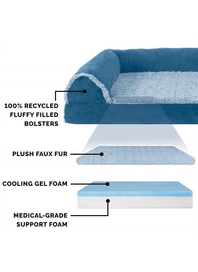 Cooling Gel Dog Bed for Large Dogs w/ Removable Bolsters & Washable Cover, For Dogs Up to 125 lbs - Two-Tone Plush Faux Fur & Suede L Shaped Chaise - Marine Blue, Jumbo Plus/XXL