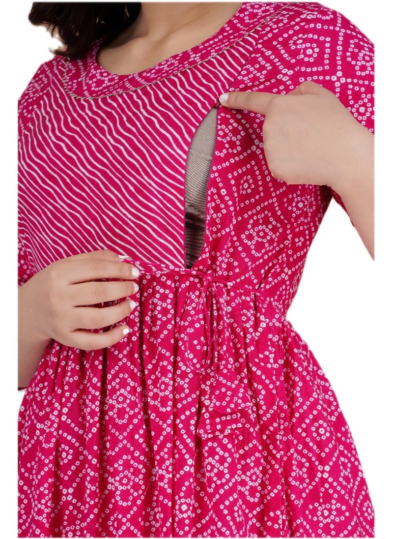 Zebees Cotton Maternity & Feeding Dress, Comfortable Fit, Concealed Zips