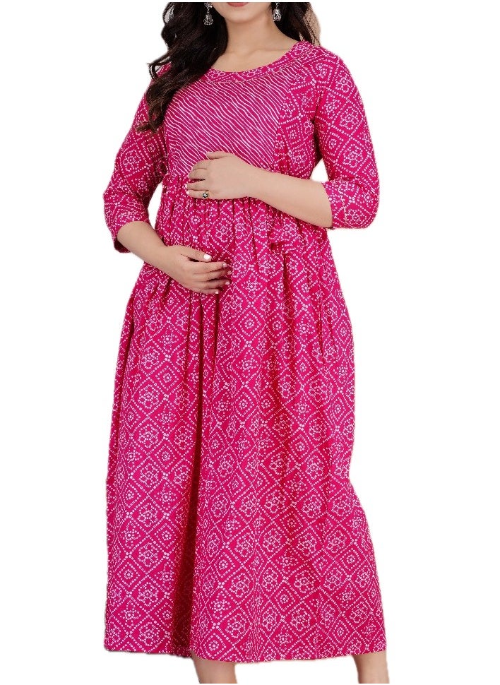 Zebees Cotton Maternity & Feeding Dress, Comfortable Fit, Concealed Zips