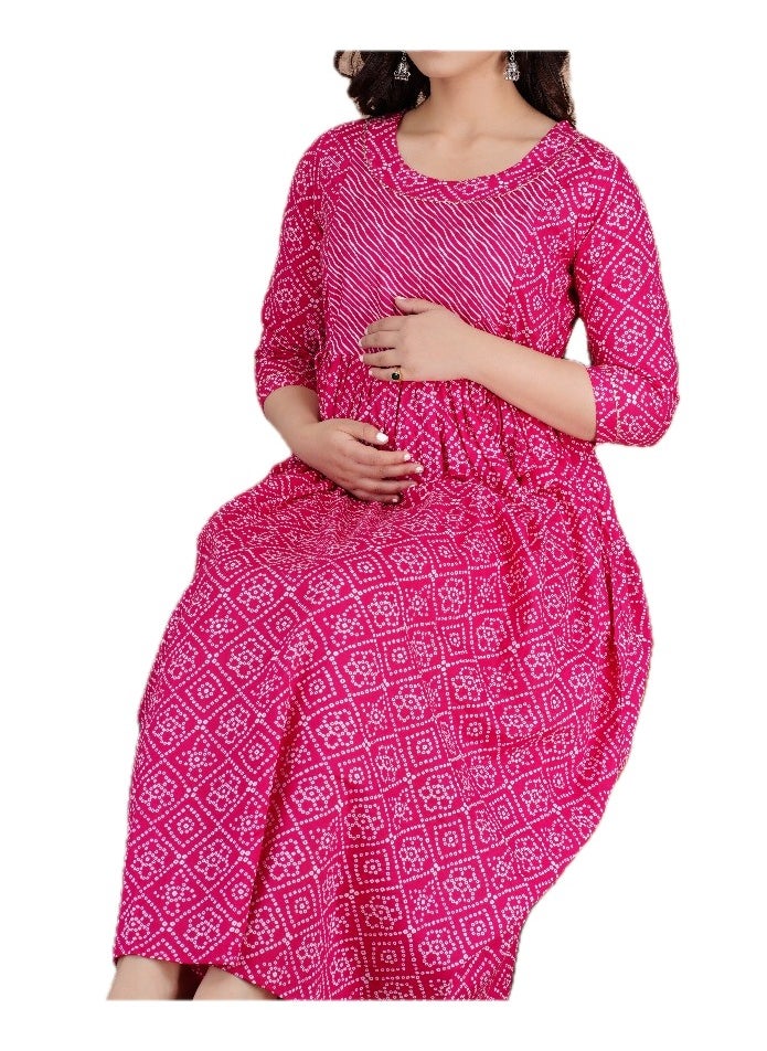 Zebees Cotton Maternity & Feeding Dress, Comfortable Fit, Concealed Zips