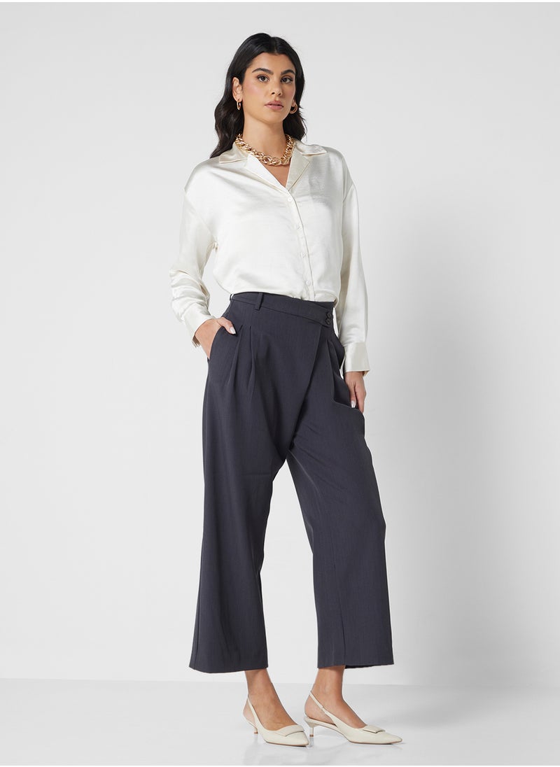 Pleated Wrap Waist Detail Wide Leg 30” Pants