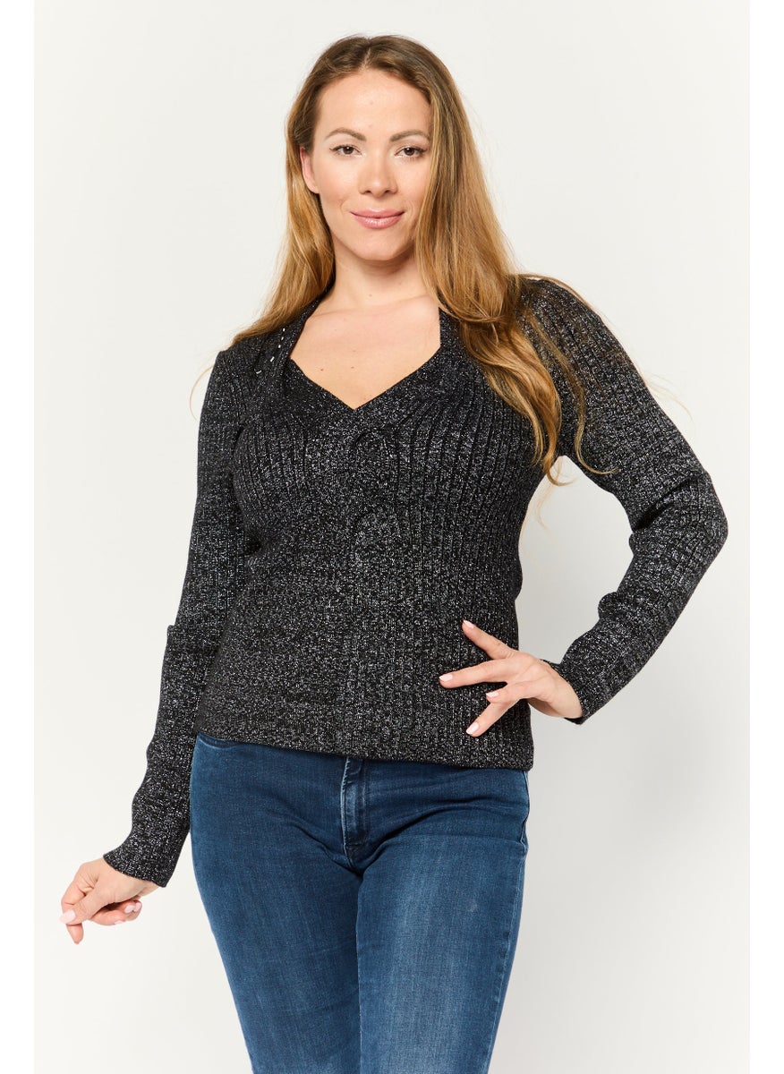 Women V-Neck Knitted Sweater, Black