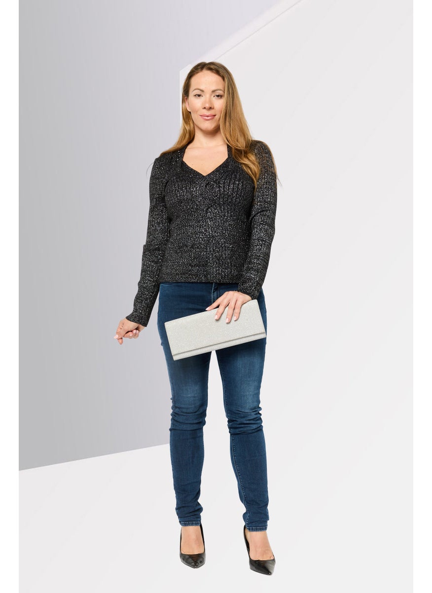 Women V-Neck Knitted Sweater, Black