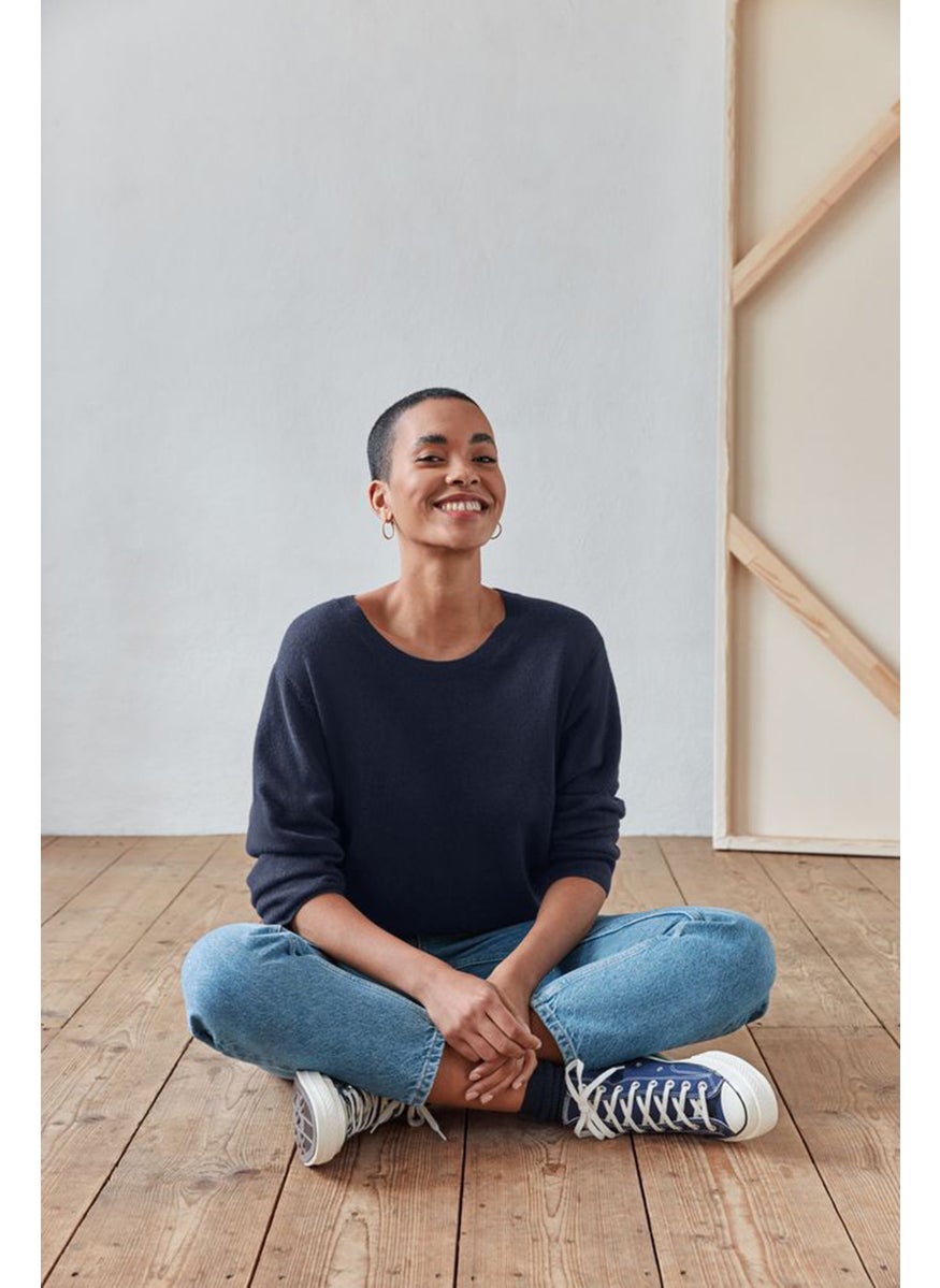 Women Round Neck Knitted Sweater, Navy