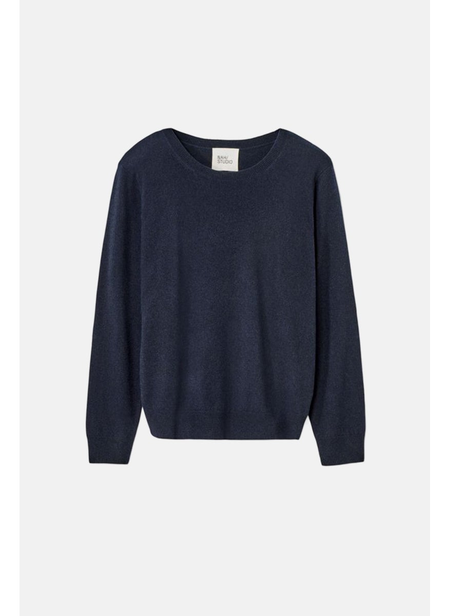 Women Round Neck Knitted Sweater, Navy