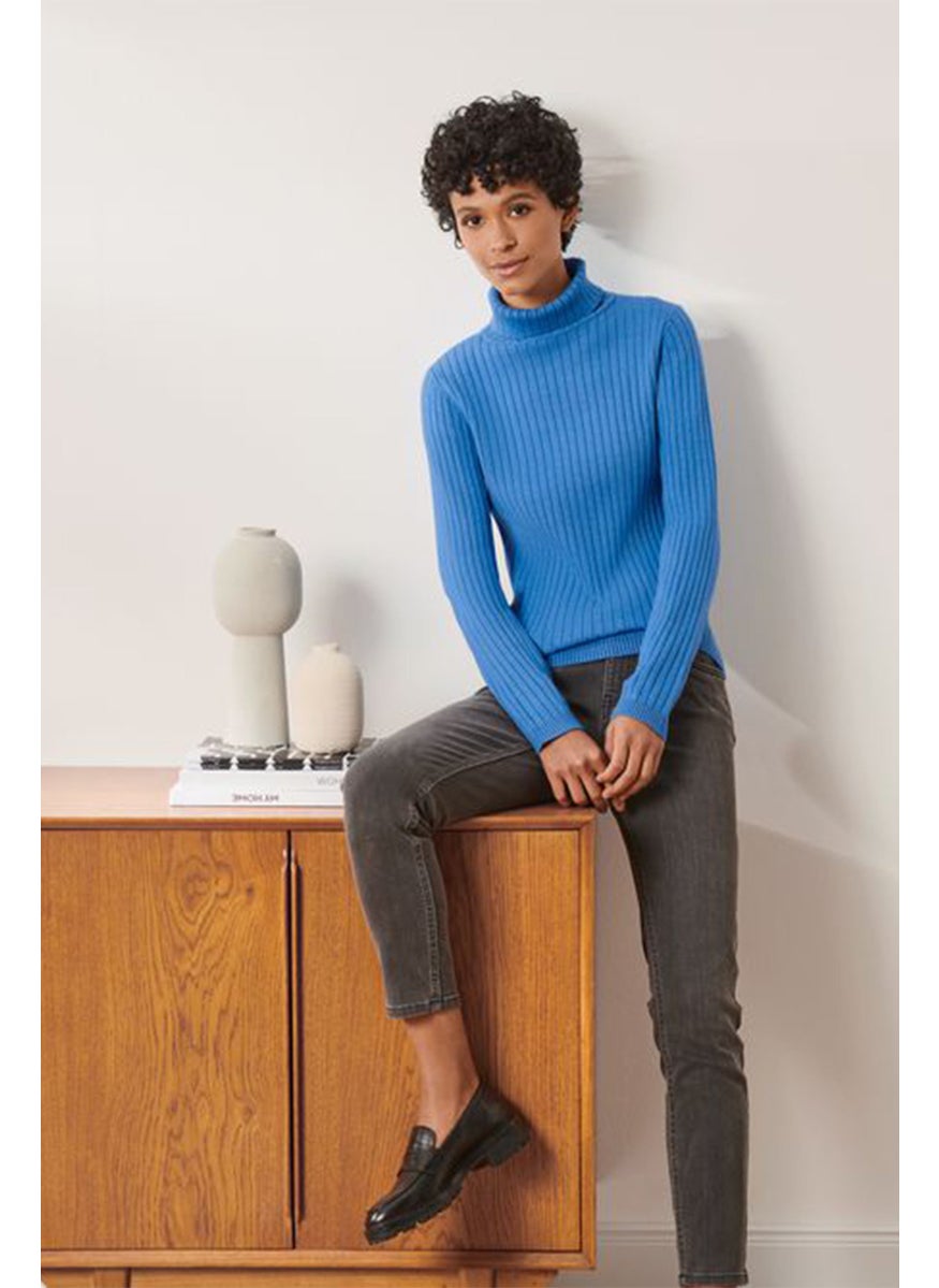 Women Turtle Neck Long Sleeve Textured Sweater, Blue