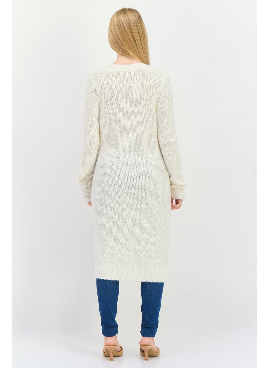 Women V-Neck Long Sleeve Textured Cardigan, White