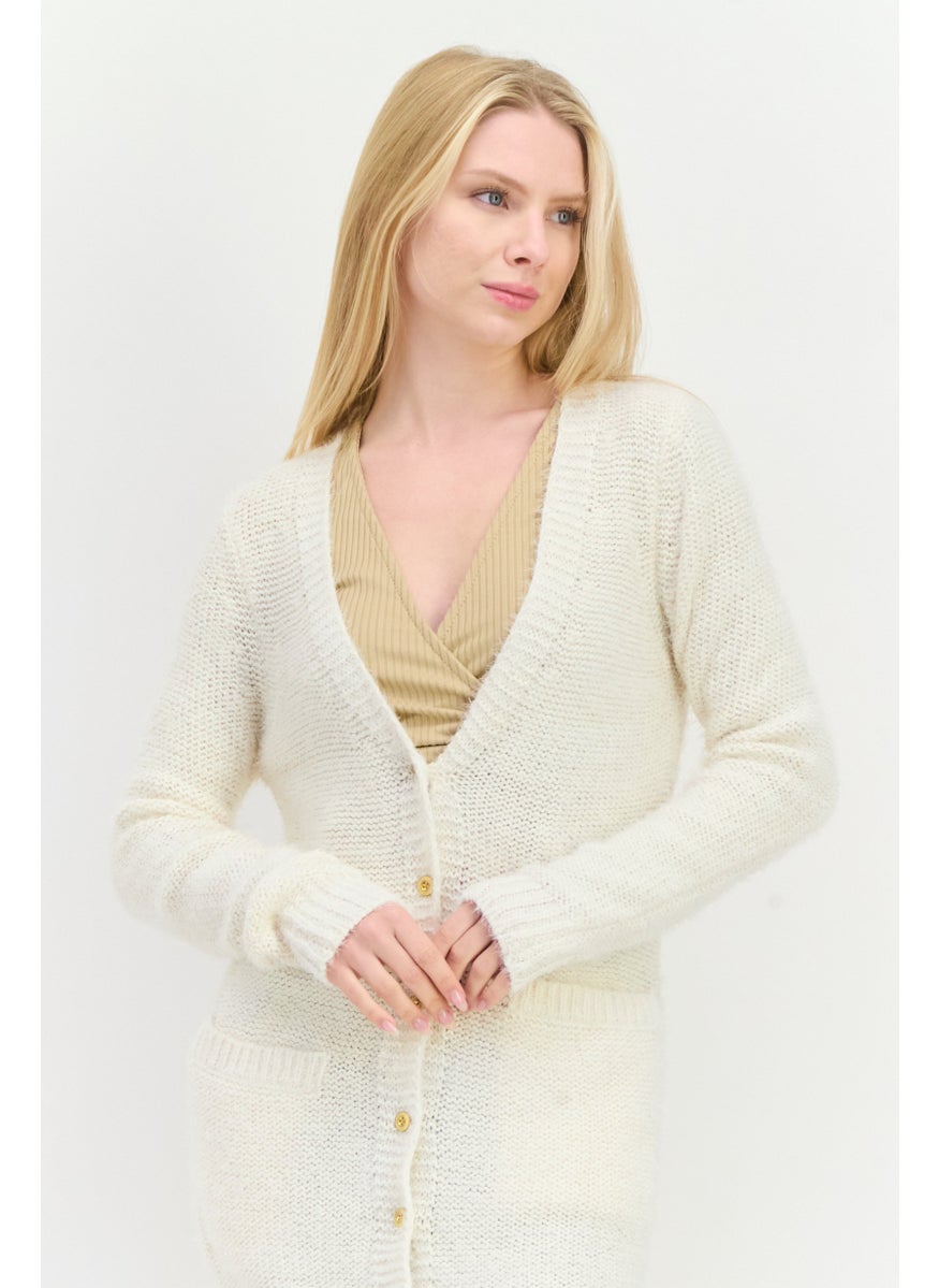 Women V-Neck Long Sleeve Textured Cardigan, White