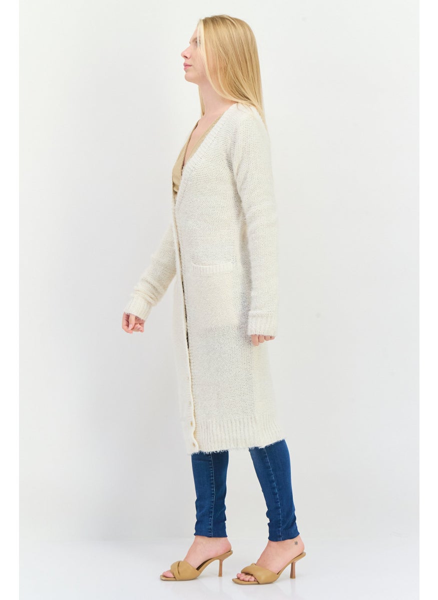 Women V-Neck Long Sleeve Textured Cardigan, White