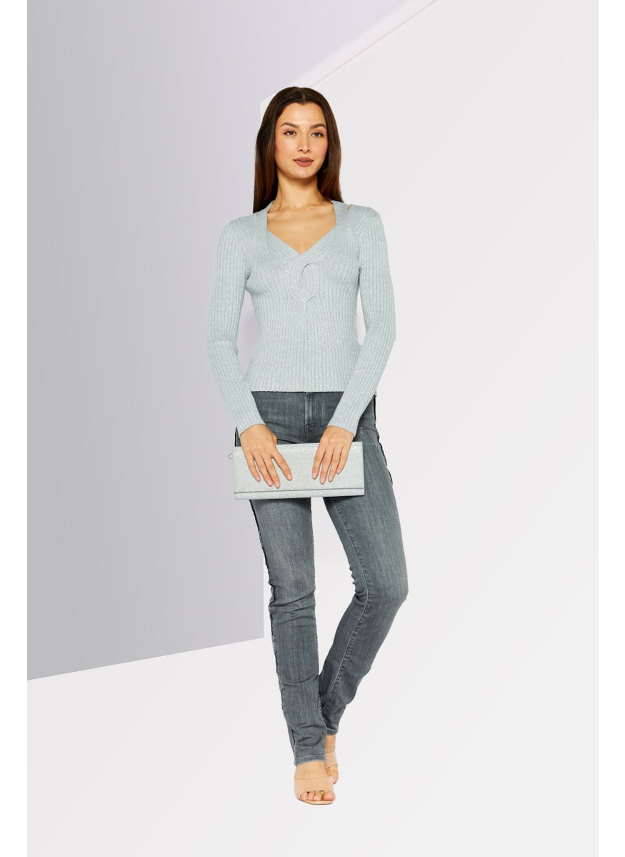 Women V-Neck Knitted Sweater, Grey