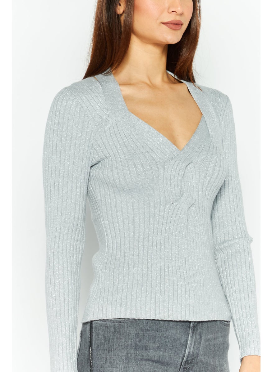Women V-Neck Knitted Sweater, Grey