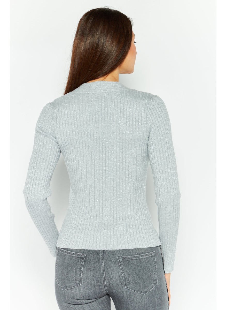 Women V-Neck Knitted Sweater, Grey