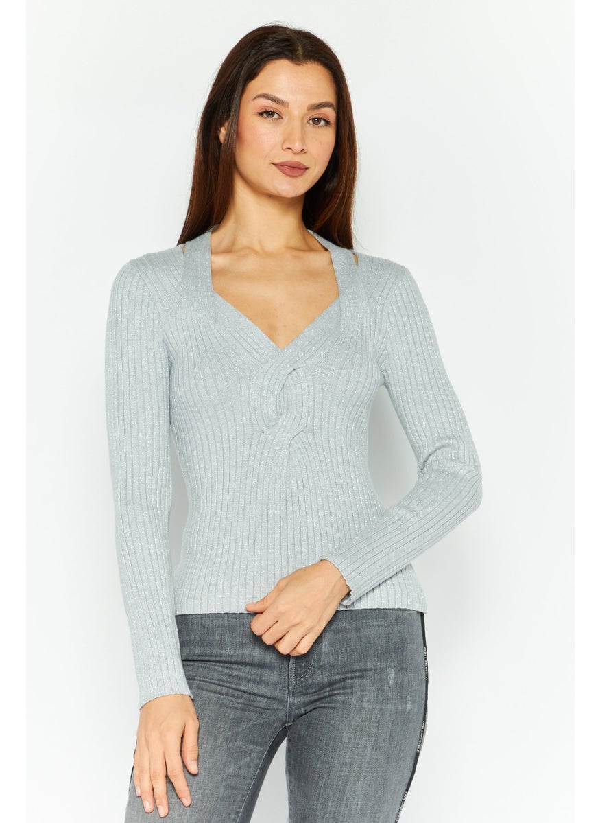 Women V-Neck Knitted Sweater, Grey