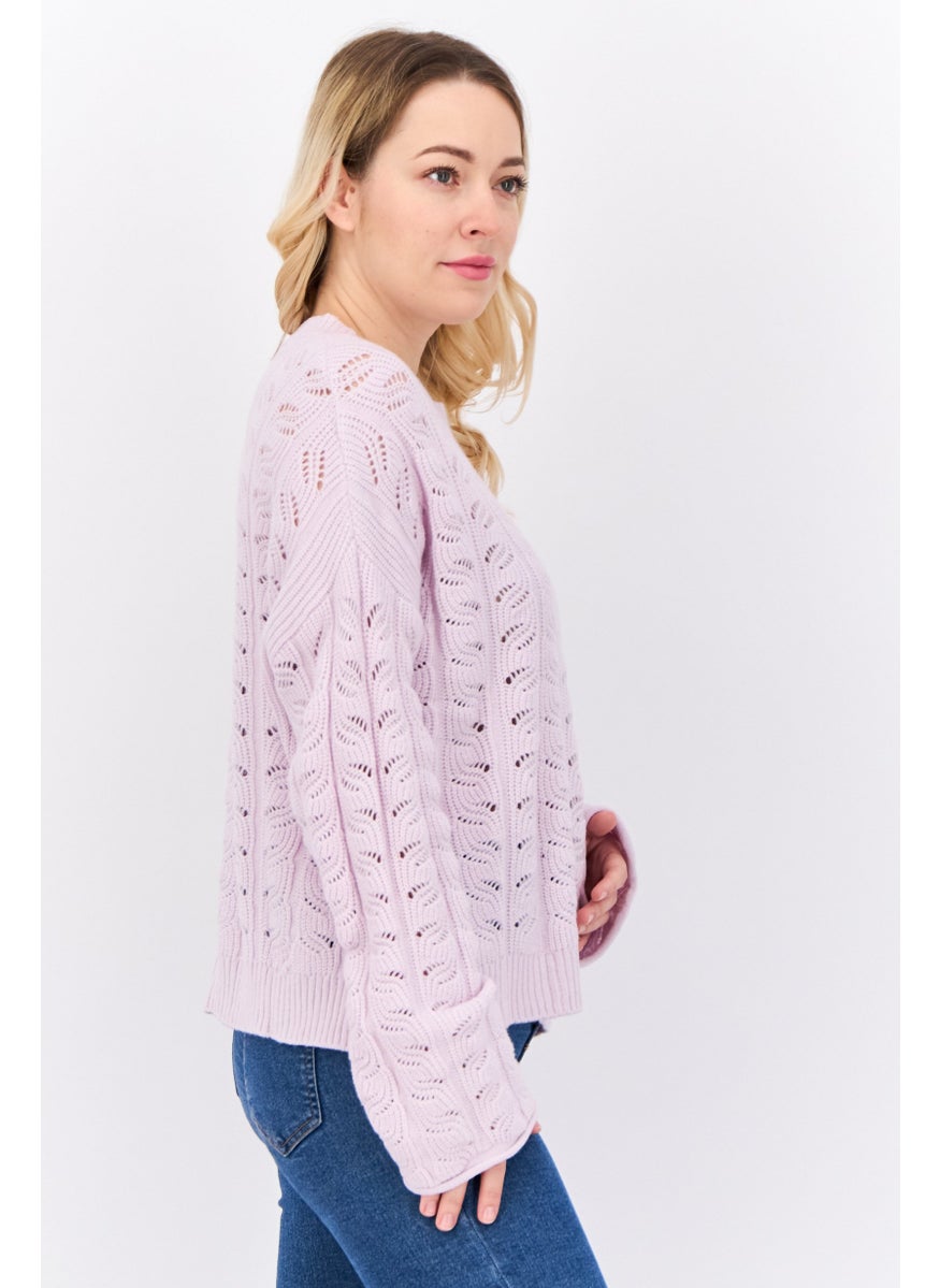 Women Round Neck Long Sleeve Eyelet Sweaters, Pink