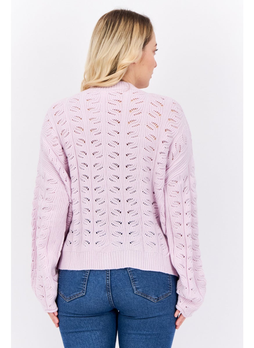 Women Round Neck Long Sleeve Eyelet Sweaters, Pink