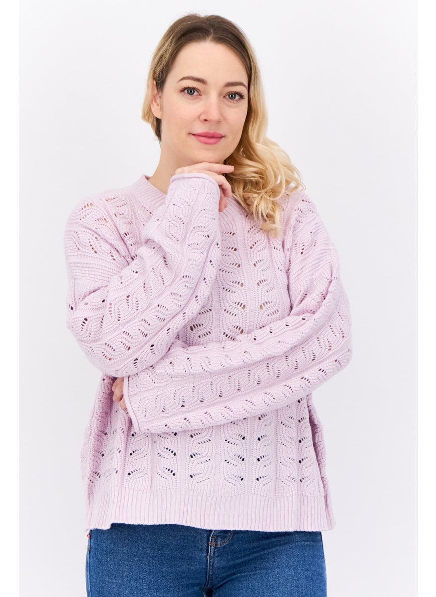 Women Round Neck Long Sleeve Eyelet Sweaters, Pink