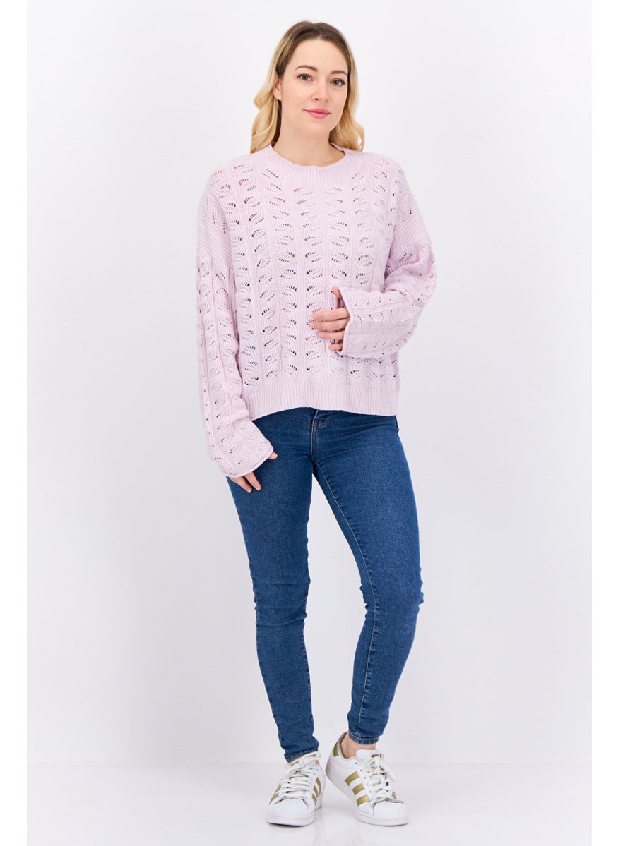 Women Round Neck Long Sleeve Eyelet Sweaters, Pink