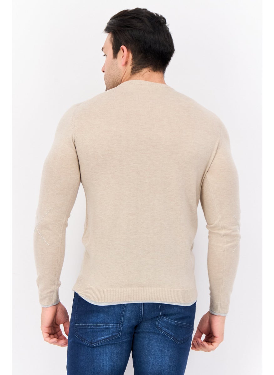 Men Crew Neck Textured Long Sleeves Sweater, Beige