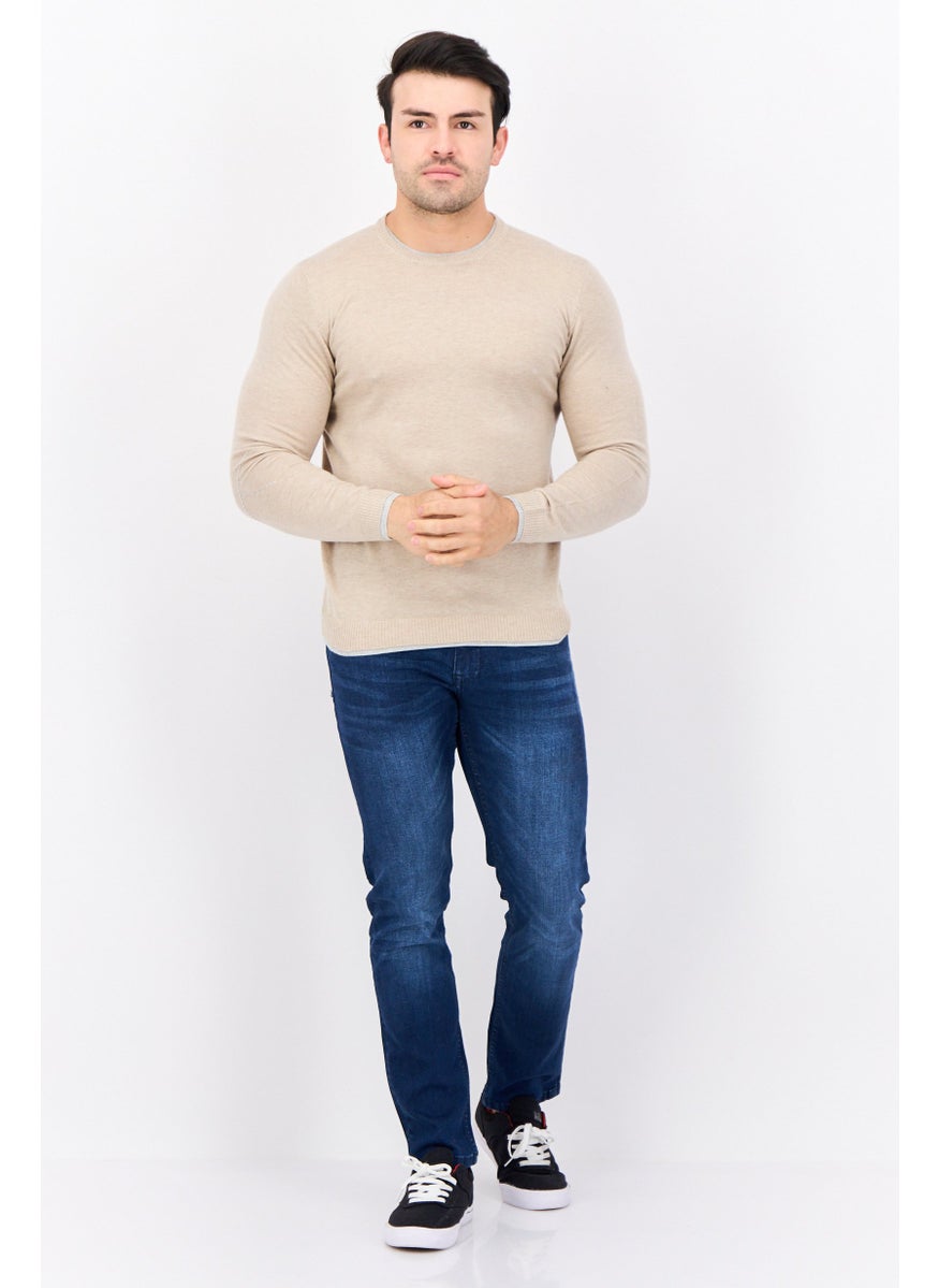 Men Crew Neck Textured Long Sleeves Sweater, Beige