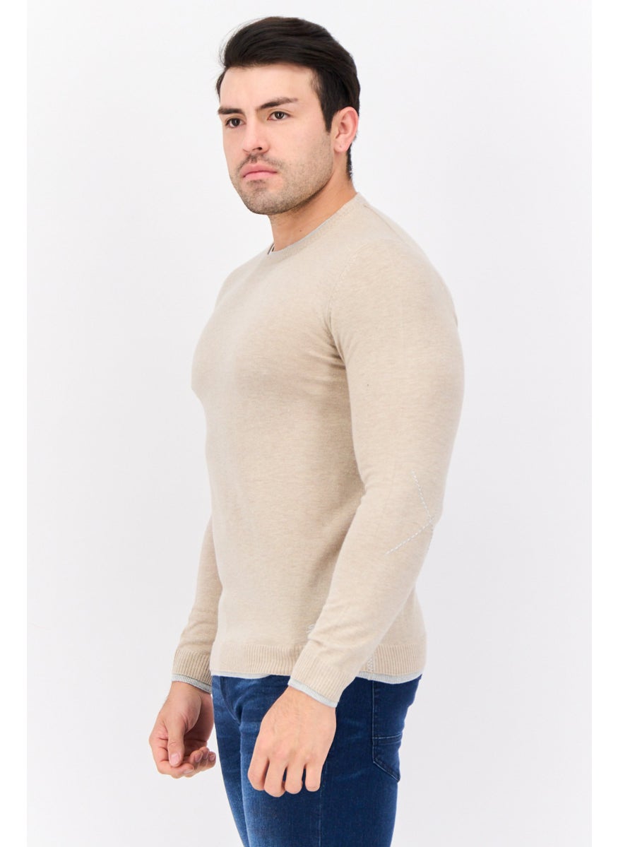 Men Crew Neck Textured Long Sleeves Sweater, Beige