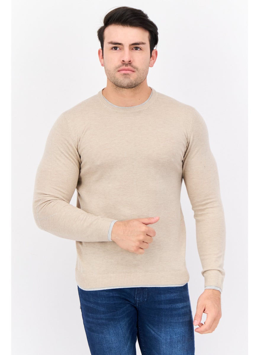 Men Crew Neck Textured Long Sleeves Sweater, Beige