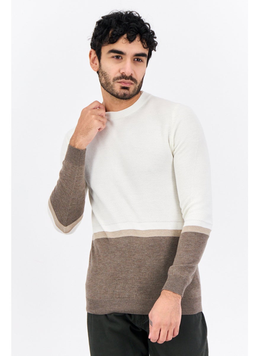 Men Crew Neck Two-Tone Long Sleeves Sweater, Cream Combo