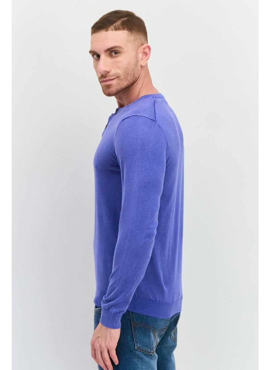 Men Crew Neck Knitted Long Sleeve Sweaters, Blue