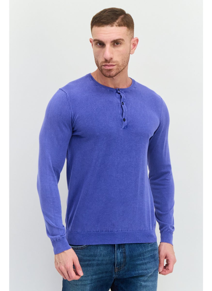 Men Crew Neck Knitted Long Sleeve Sweaters, Blue