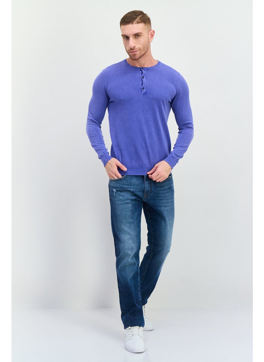 Men Crew Neck Knitted Long Sleeve Sweaters, Blue
