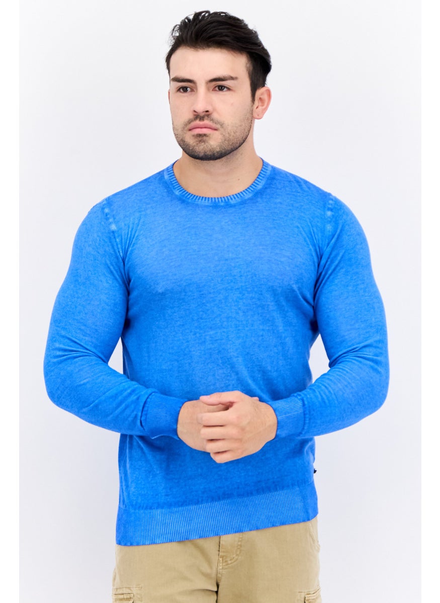 Men Crew Neck Knitted Long Sleeve Sweaters, Blue