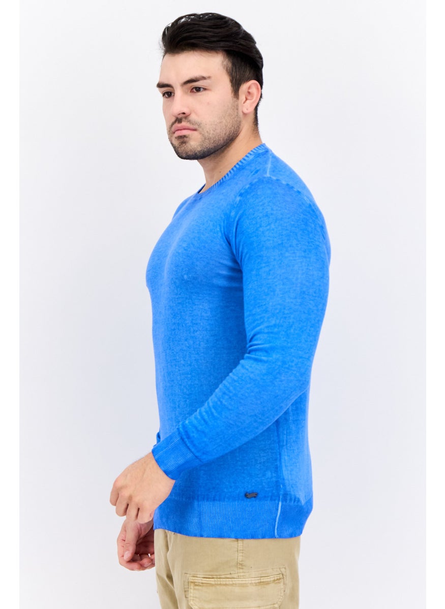 Men Crew Neck Knitted Long Sleeve Sweaters, Blue