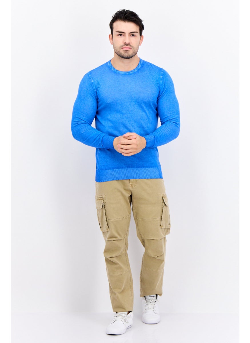 Men Crew Neck Knitted Long Sleeve Sweaters, Blue
