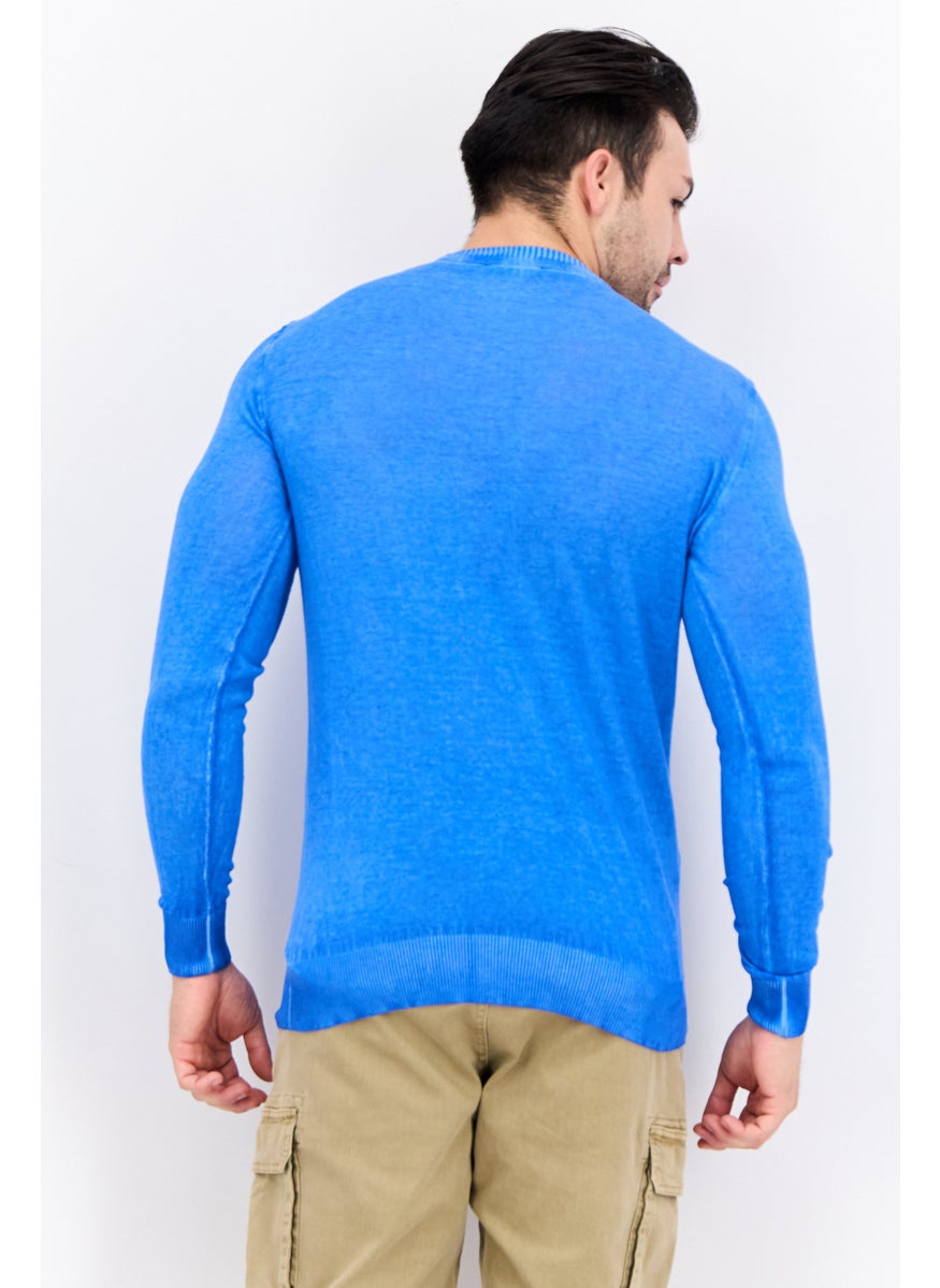 Men Crew Neck Knitted Long Sleeve Sweaters, Blue