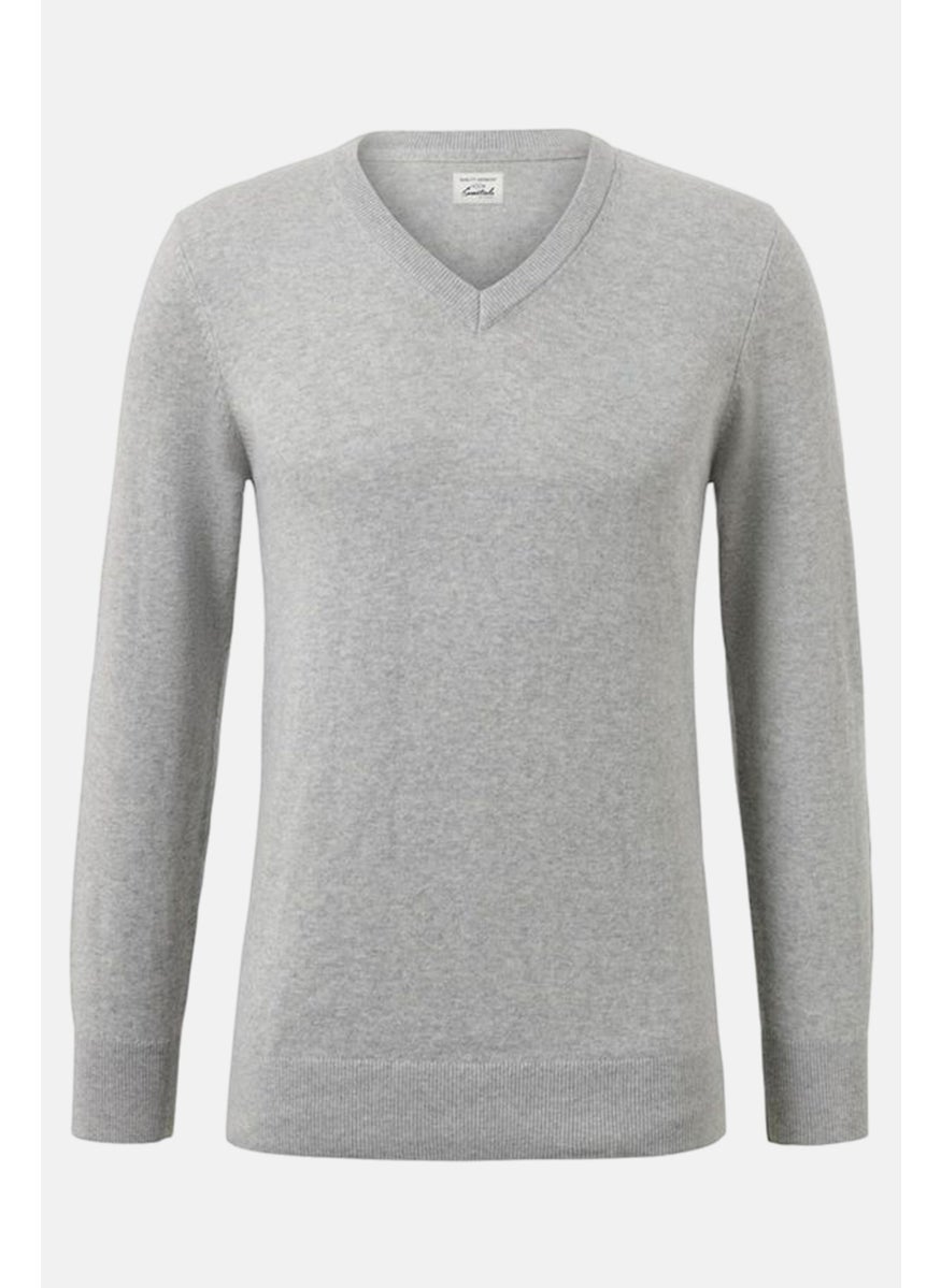 Men V Neck Long Sleeve Kitted Sweater, Grey
