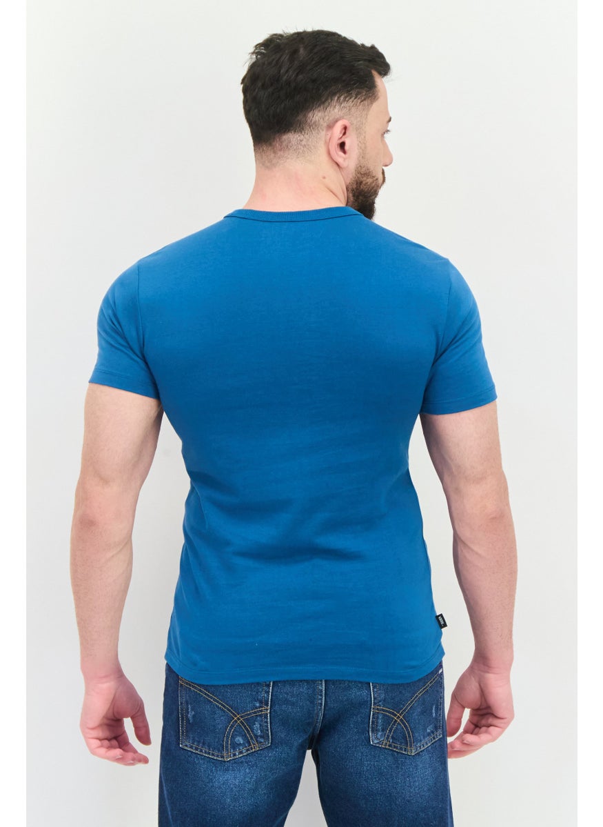 Men Crew Neck Short Sleeve Brand Logo T Shirt, Teal Blue