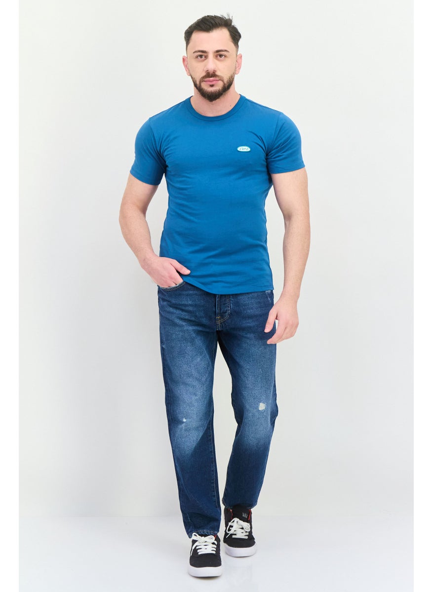 Men Crew Neck Short Sleeve Brand Logo T Shirt, Teal Blue