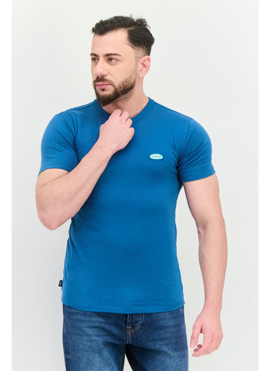 Men Crew Neck Short Sleeve Brand Logo T Shirt, Teal Blue