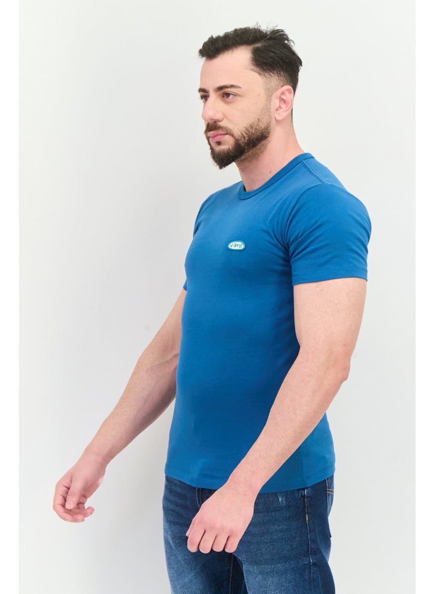 Men Crew Neck Short Sleeve Brand Logo T Shirt, Teal Blue
