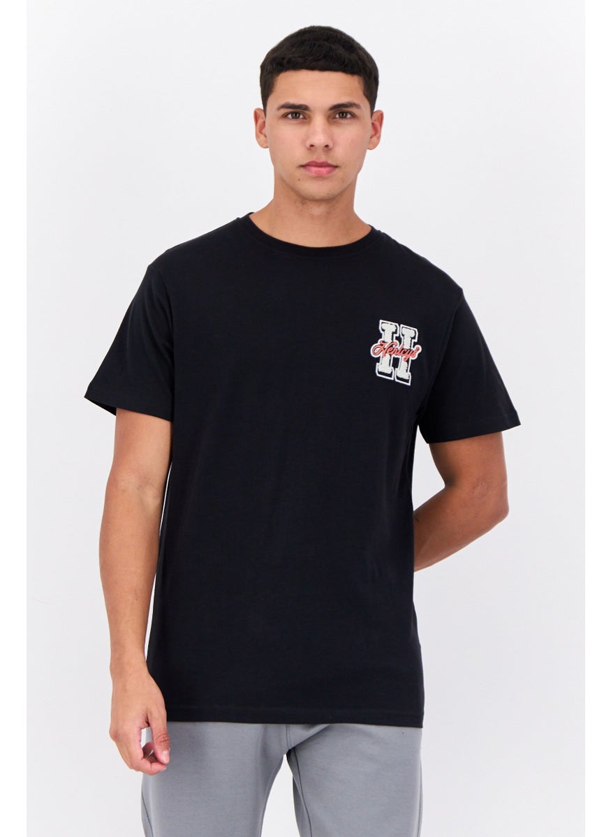 Men Crew Neck Short Sleeves Brand Logo T-Shirt, Black