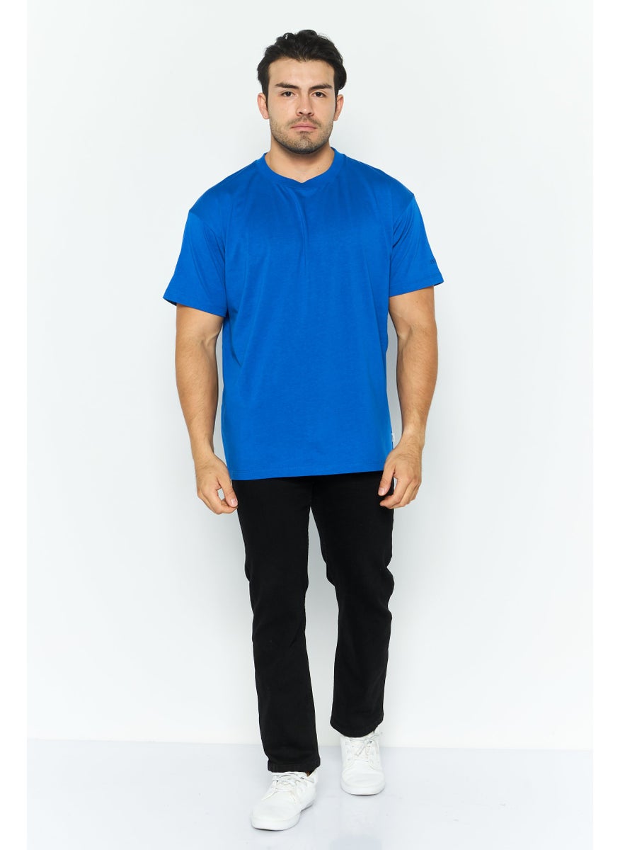 Men Crew Neck Short Sleeves Plain T-Shirt, Blue