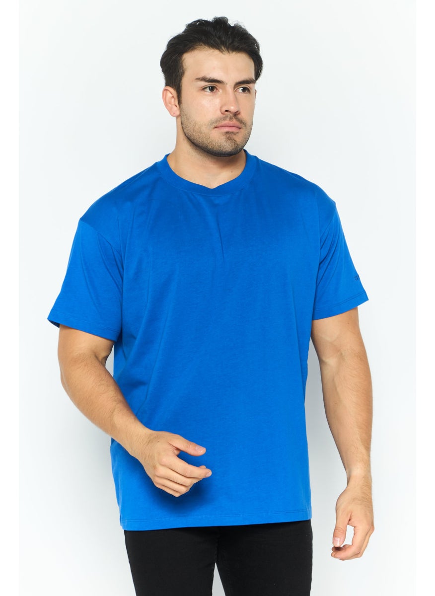 Men Crew Neck Short Sleeves Plain T-Shirt, Blue
